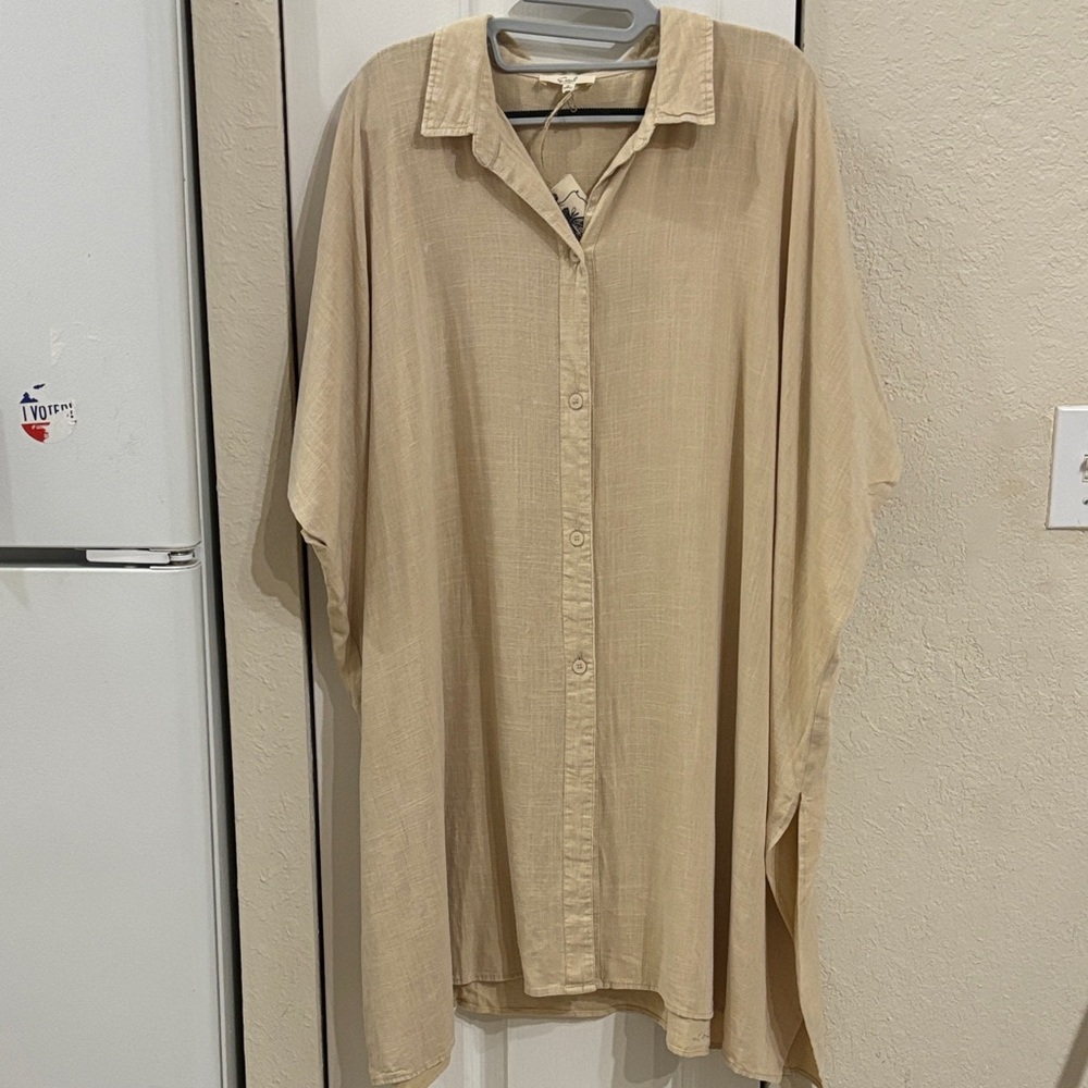 Easel Linen Blend Beige Button Down Shirt Dress - Picture 3 of 9